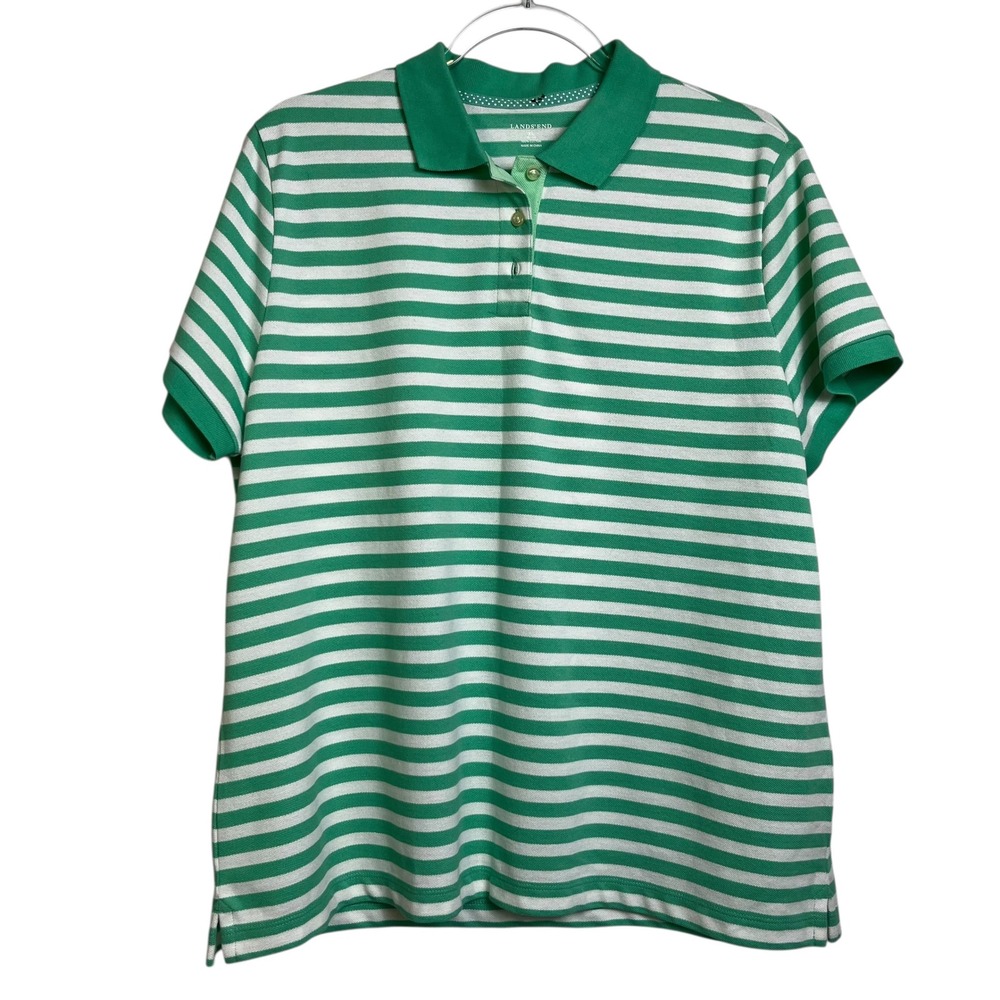 Lands‎ End Womens XL Green White Striped Cotton Pique Short Sleeve Polo Shirt